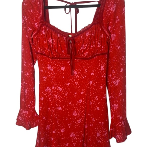 🔆 Free People Tess Floral Velvet Trim Long Sleeve Mini Dress, X-Small - Picture 3 of 6